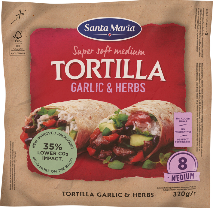 Packet with eight garlic and herb flavoured tortillas