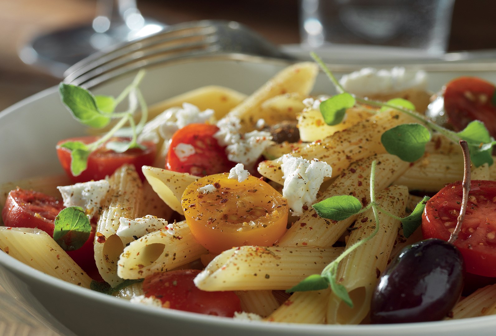 Grekisk pasta med fetaost, oliver och färsk oregano