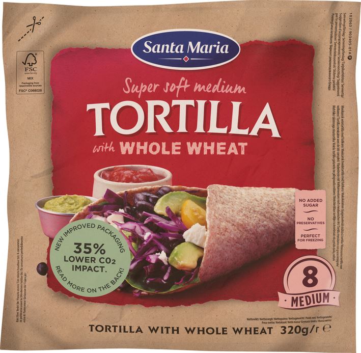 Packet with eight whole wheat tortillas