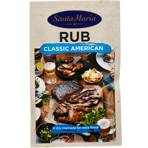 Påse med BBQ Rub Classic American till kött och kyckling. 